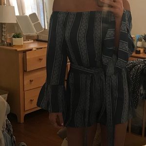 XS blue and white off shoulder long sleeve romper